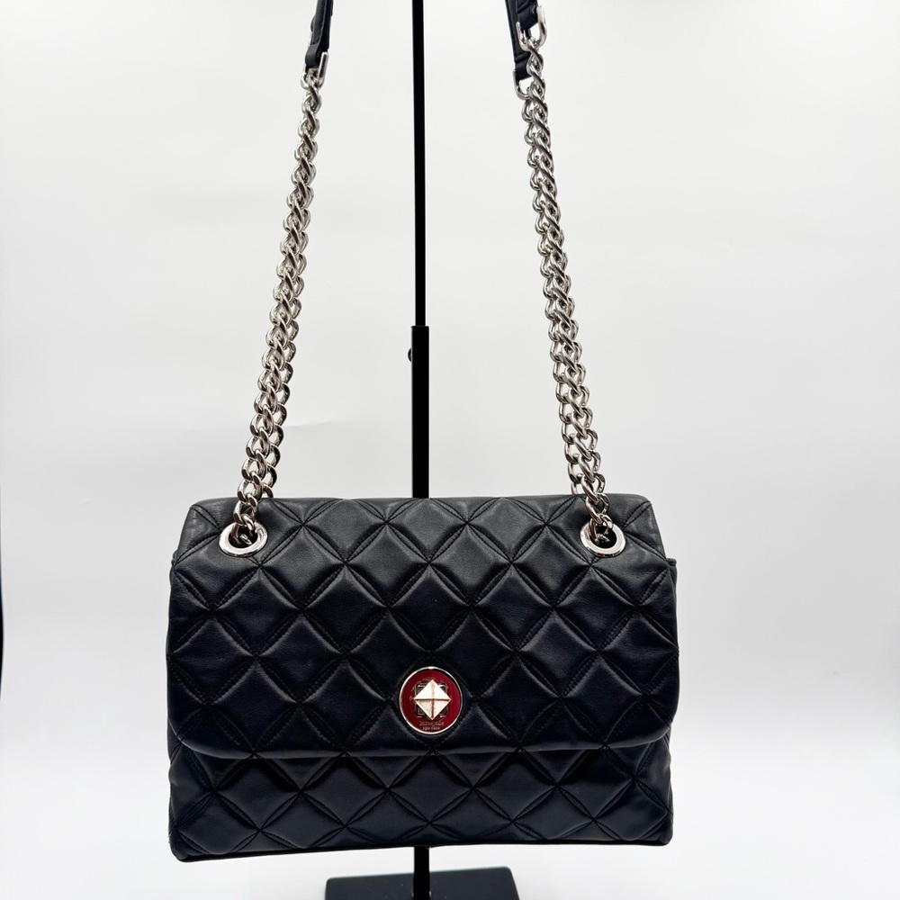 Kate Spade Natalia Flap Medium Black Quilted Crossbody Bag with Silver Chain